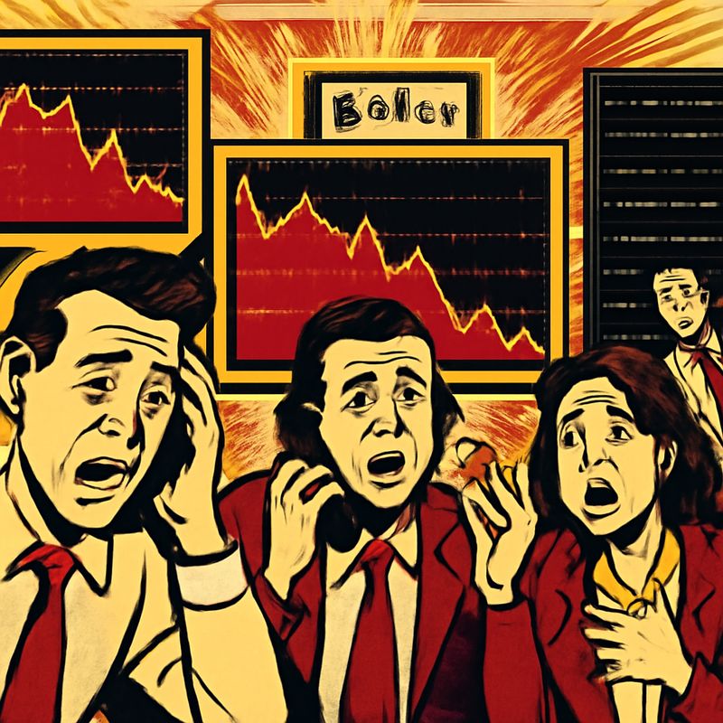 A Wall Street trading floor in chaos. Screens showing stock prices plummeting. Traders on phones, panicked faces. A single server rack in the background with a green 'RUNNING' light. Time stamp reads 9:31 AM. Dark, urgent atmosphere.