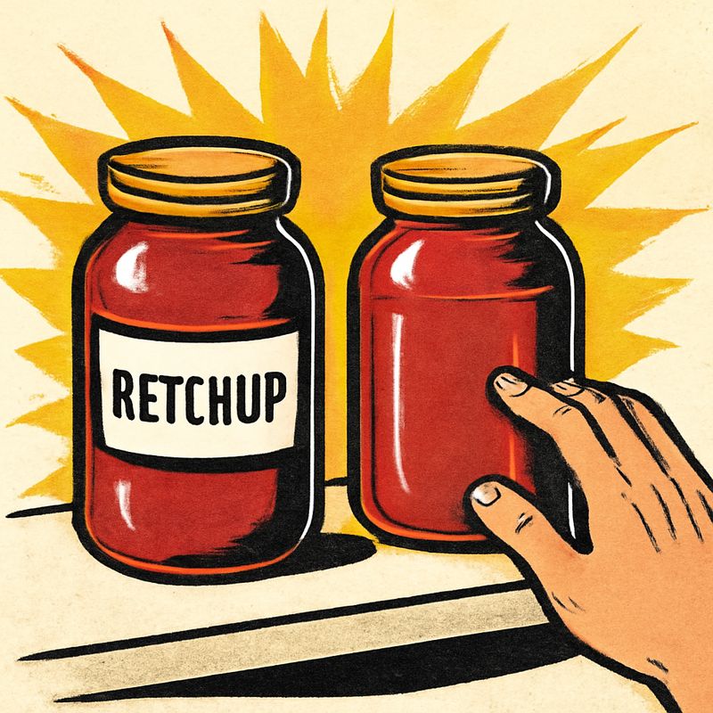 Two identical jars of red sauce on a white shelf. The left jar has a clean label reading 'KETCHUP.' The right jar has no label at all — just mystery red liquid. A hand reaches toward the unlabeled jar, hesitating.