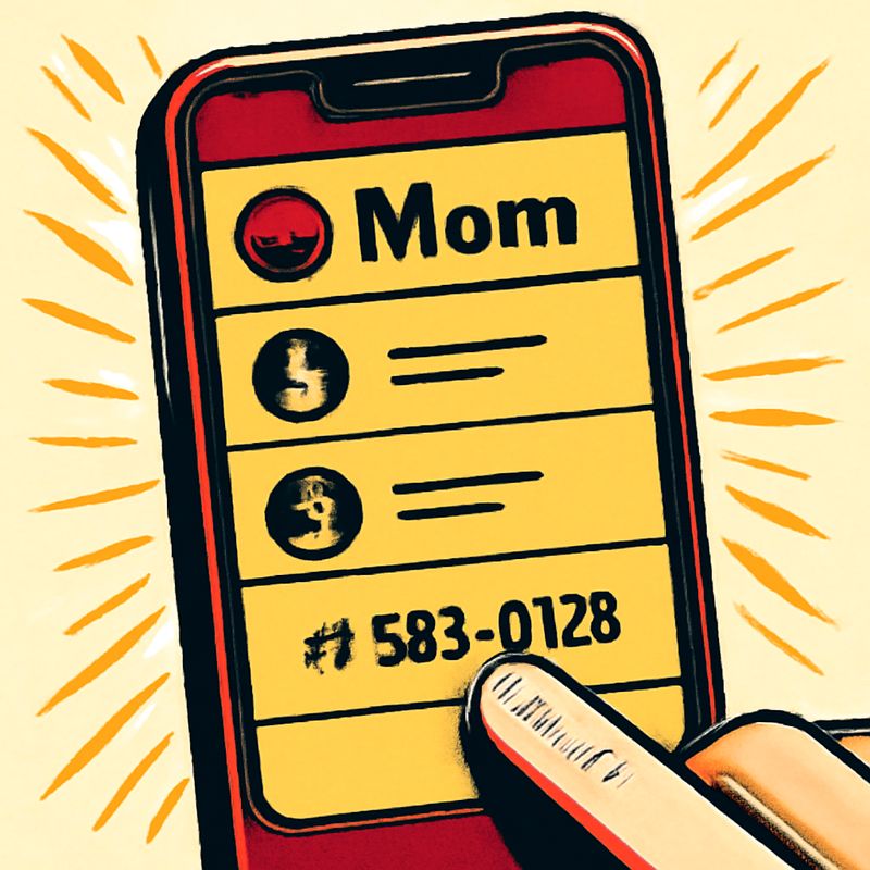 A phone contact list. The contact 'Mom' is selected. Below it shows the phone number +1-555-0123. A finger is about to tap the phone number to dial. Clean, modern phone UI.