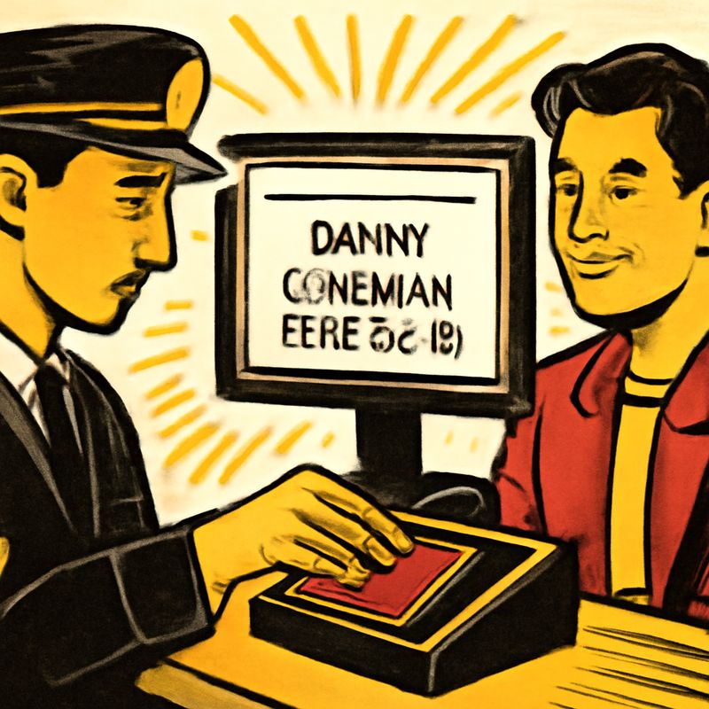 A customs officer at JFK airport scanning a passport. On screen next to them: Name: Danny, Nationality: Canadian, DOB: 1990-03-15. Three clean lines of data. The officer glances at the screen, then at the traveler. Two seconds.