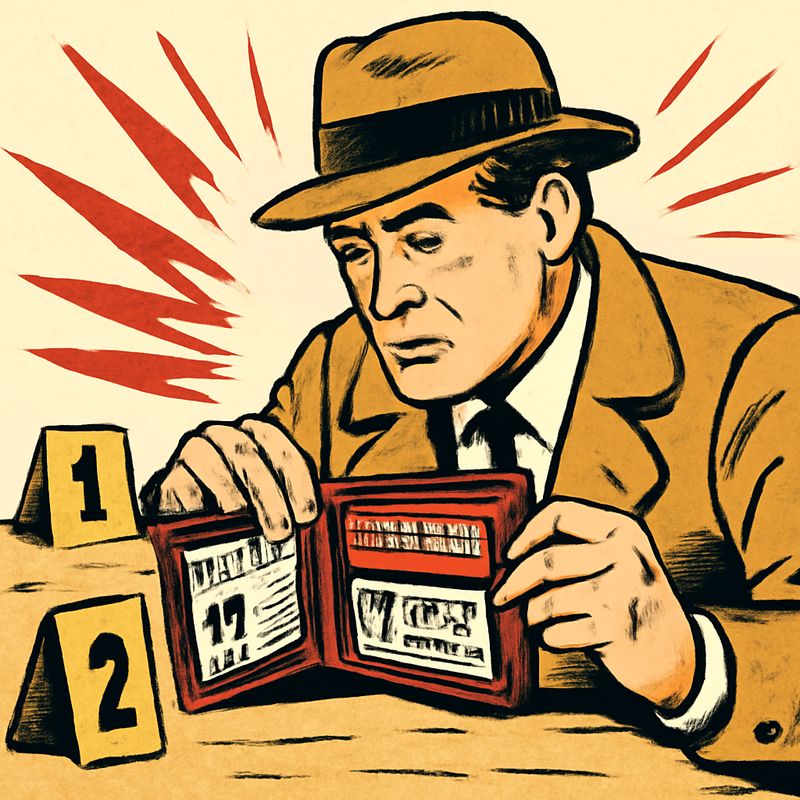 A detective examining an open wallet on an evidence table. Inside the wallet: a driver's license, a credit card, a gym membership card, and a small photo. Each item is different, but the wallet holds them together as one set. Crime scene lighting, evidence markers.