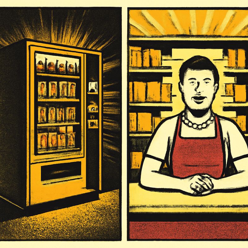 Split screen. Left side: a vending machine glowing in a dark hallway at 3am, perfectly stocked. Right side: a store clerk at a counter, smiling, surrounded by shelves. Both are ready to serve. The vending machine doesn't blink.