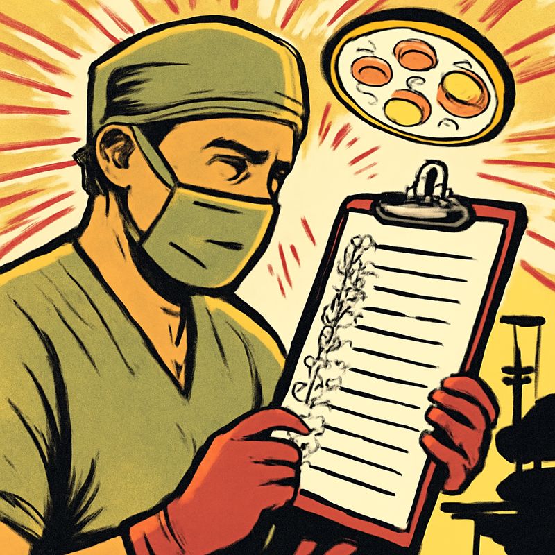 A surgeon in scrubs reviewing a laminated checklist clipped to a clipboard. Operating room in the background, bright surgical lights. The checklist has 19 numbered items with checkboxes. Focused, serious mood.