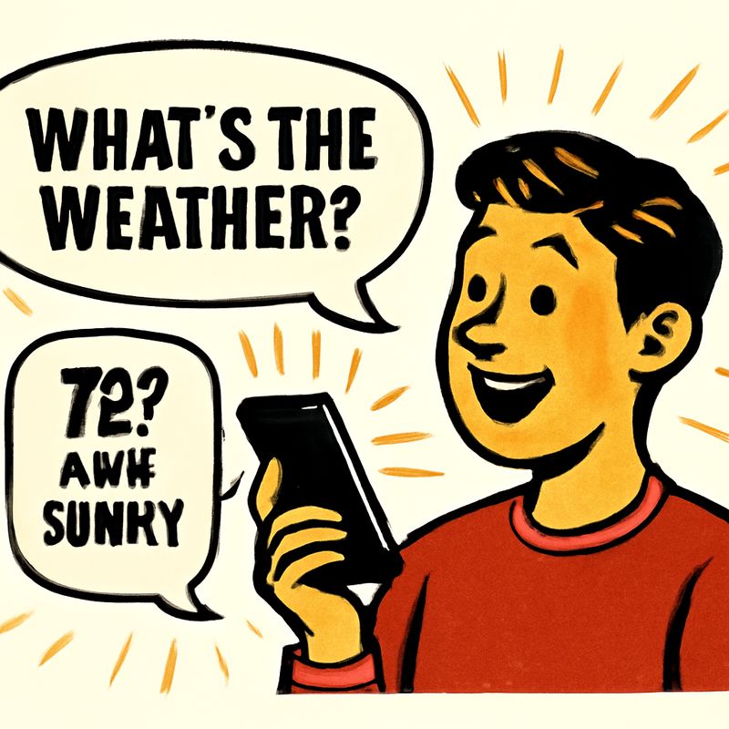 A person holding their phone, speaking to Siri. A speech bubble says 'What's the weather?' A response bubble from the phone says '72 degrees and sunny.' Minimal, clean illustration on white background.
