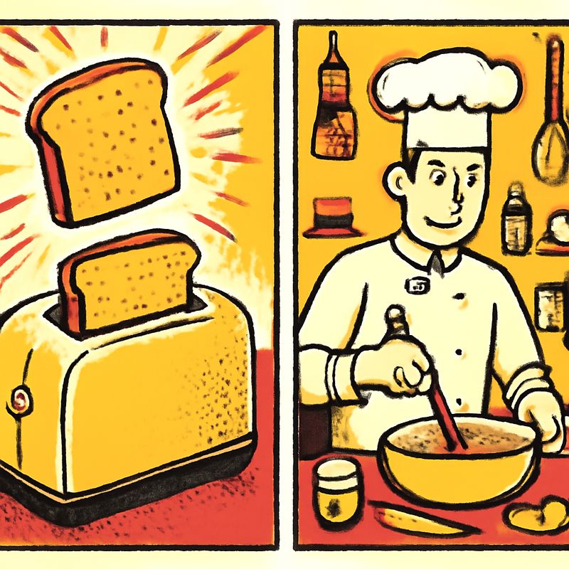 Split screen. Left: a toaster with bread going in and toast coming out. Right: a chef in a kitchen surrounded by dozens of tools, ingredients, and half-finished dishes. Clean illustration.