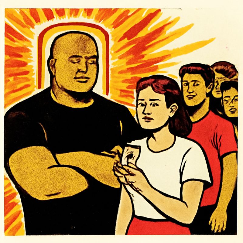 A bouncer at a nightclub door. Arms crossed. A line of people waiting. One person at the front holding an ID. The bouncer's face is completely neutral — no emotion. Neon light behind him.