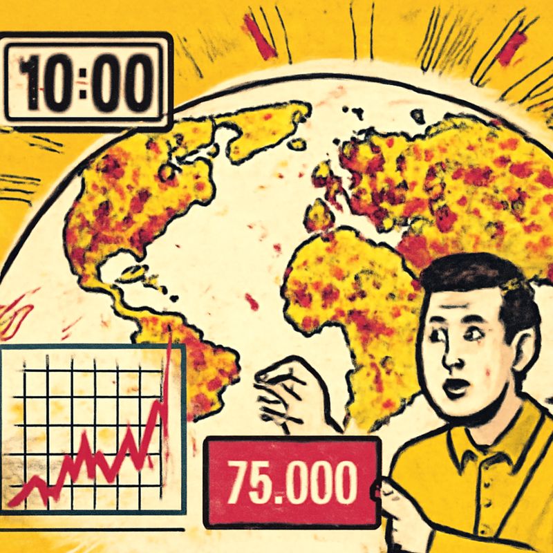 A world map with red dots spreading rapidly across it. A timer shows 10:00 minutes. 75,000 servers highlighted in red. Network traffic graphs spiking off the charts. Dark, urgent visualization.