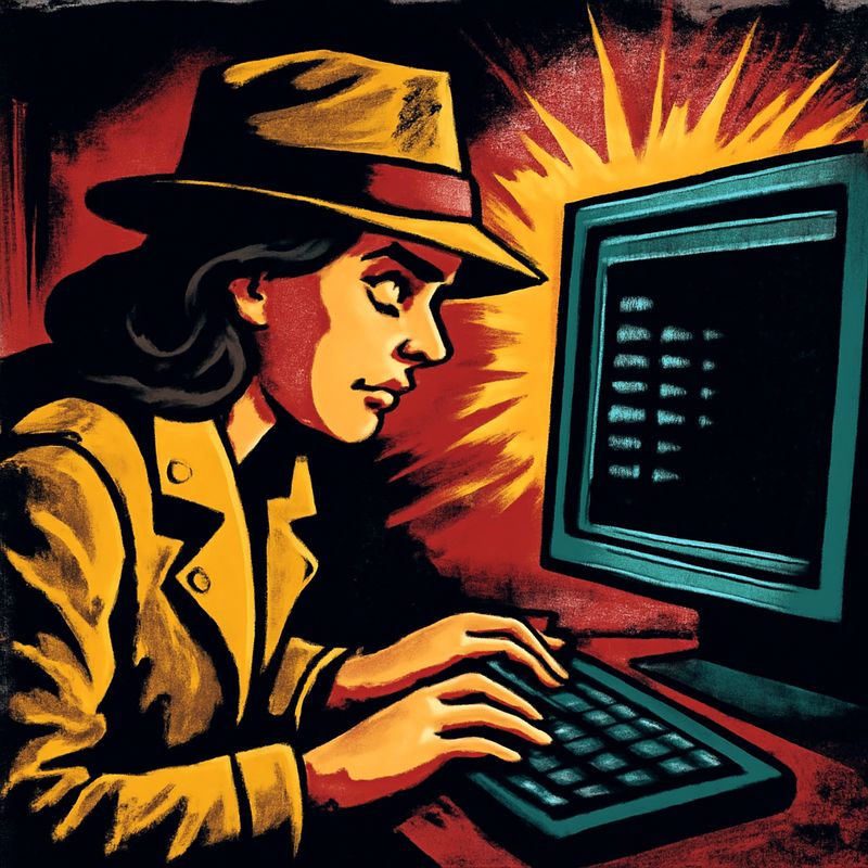 A detective at a terminal in a dark room. Screen shows 'ls' with 3 files visible. She leans forward, types 'ls -la', and the screen floods with 47 files. Hidden files revealed. Noir lighting, blue terminal glow.