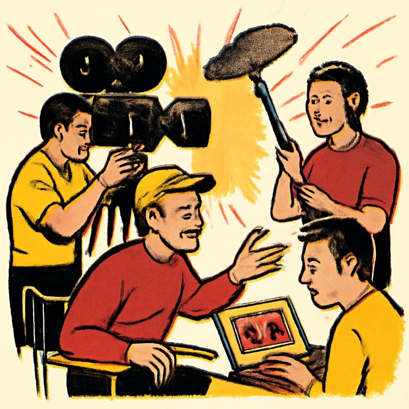 A film set. Director sits in a chair, calling shots. Camera operator adjusts lens. Sound engineer monitors levels on headphones. Editor reviews footage on a laptop. Each person focused on their specialty. The director touches no equipment.