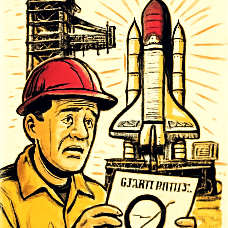 The Challenger space shuttle on the launch pad at dawn. Icicles visible on the launch structure. Temperature readout shows 36F. In the foreground, an engineer holds a paper showing O-ring failure data. His face shows dread. Cold morning, January 1986.